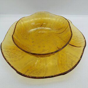 Vintage Amber Glass Plate & Bowl Embossed Floral Pattern by Pasabahce